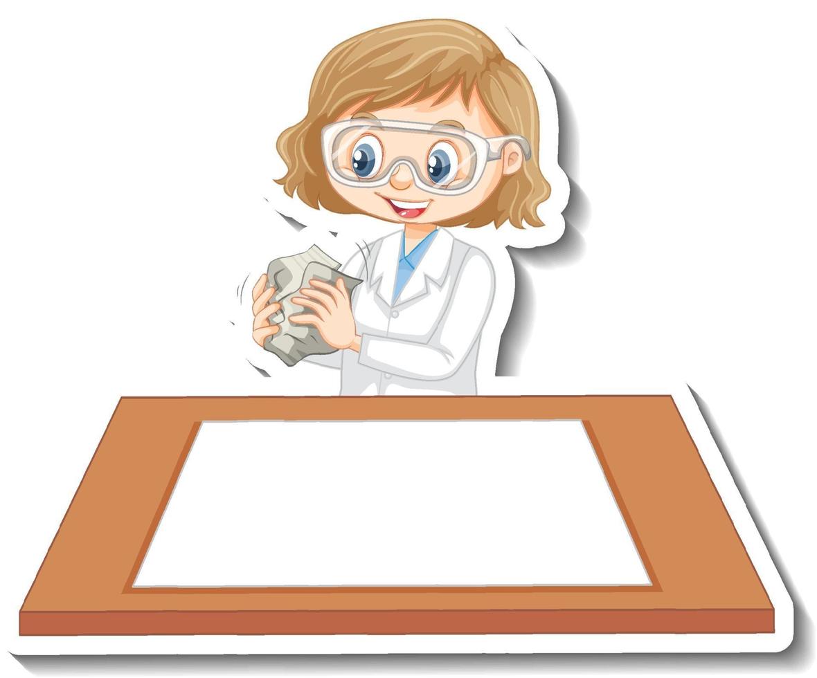 Wissenschaftler-Mädchen-Cartoon-Figur mit leerem Tisch vektor