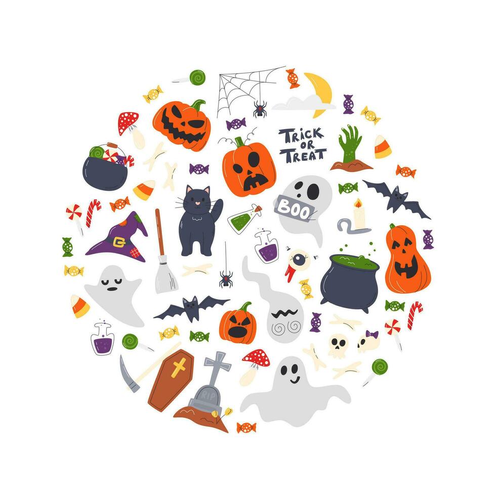 halloween traditionell symboler uppsättning. runda formad Semester bakgrund sammansättning. färgrik festlig element av amerikan oktober firande. läskigt säsong hand dragen platt vektor illustration isolerat