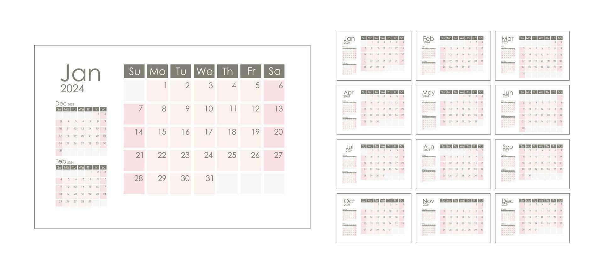 Kalender 2024 Vorlage. Woche beginnt auf Sonntag. mit Bisherige und Nächster Monat Miniatur. Grafik Design. Vektor Illustration.