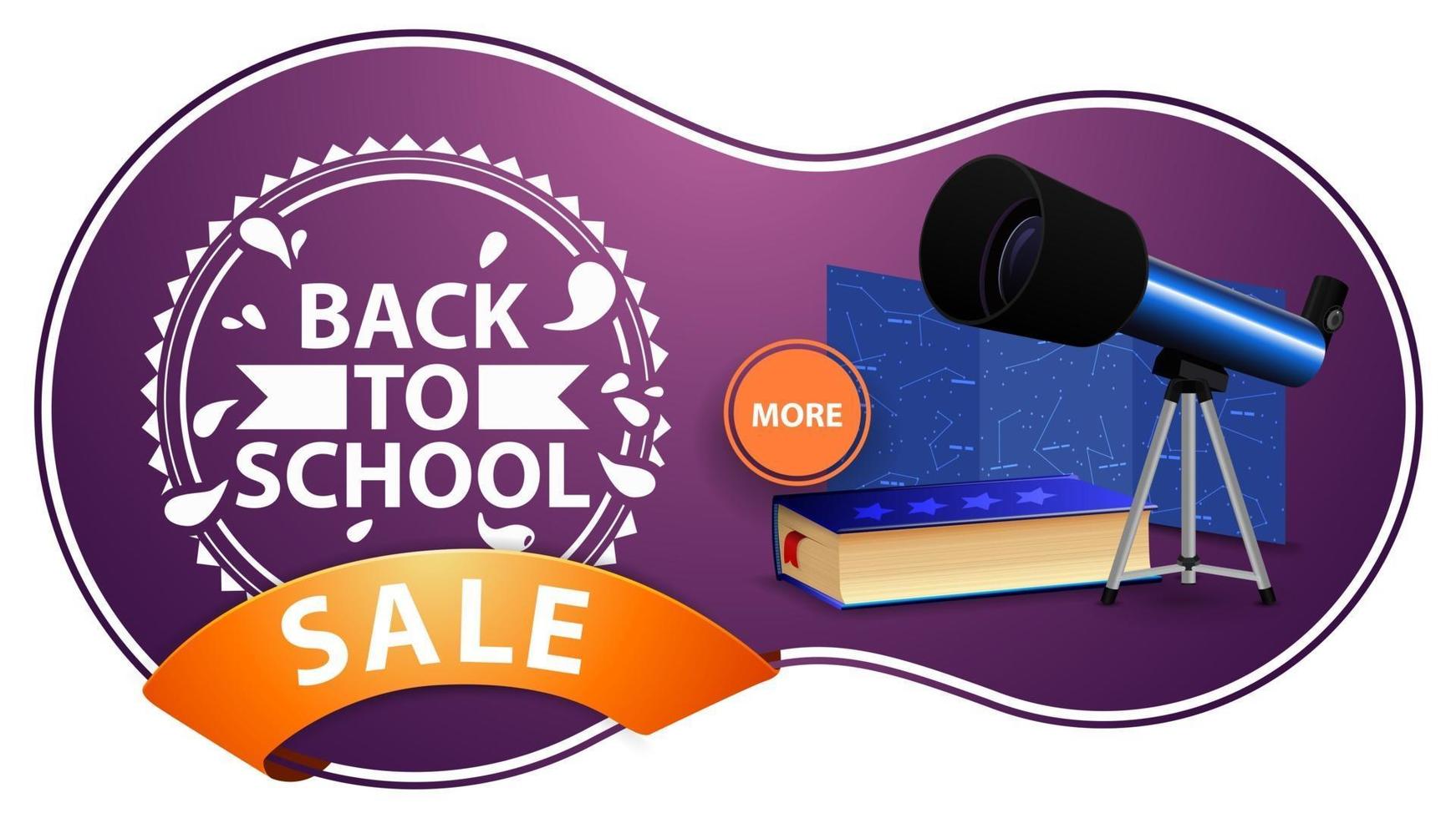 tillbaka till skolan försäljning, modern lila rabatt banner med teleskop vektor