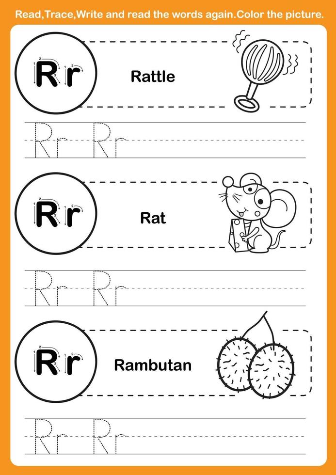 alfabetet övning med tecknad ordförråd för målarbok vektor
