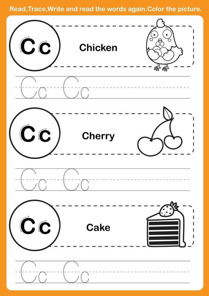 alfabetet övning med tecknad ordförråd för målarbok vektor