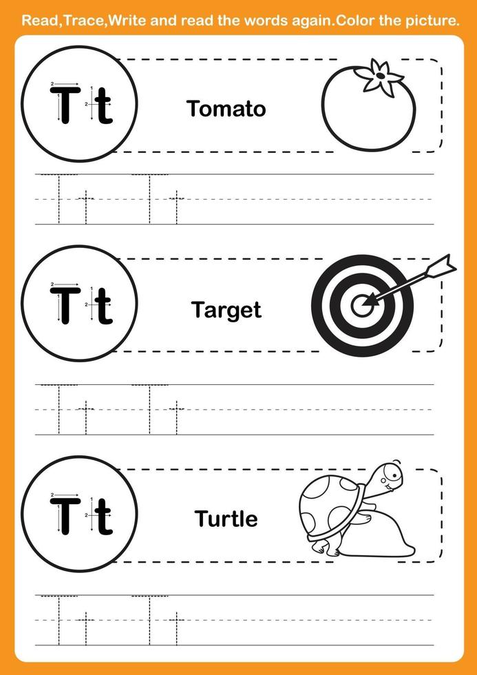 Alphabet-Übung mit Cartoon-Vokabular für Malbuch vektor