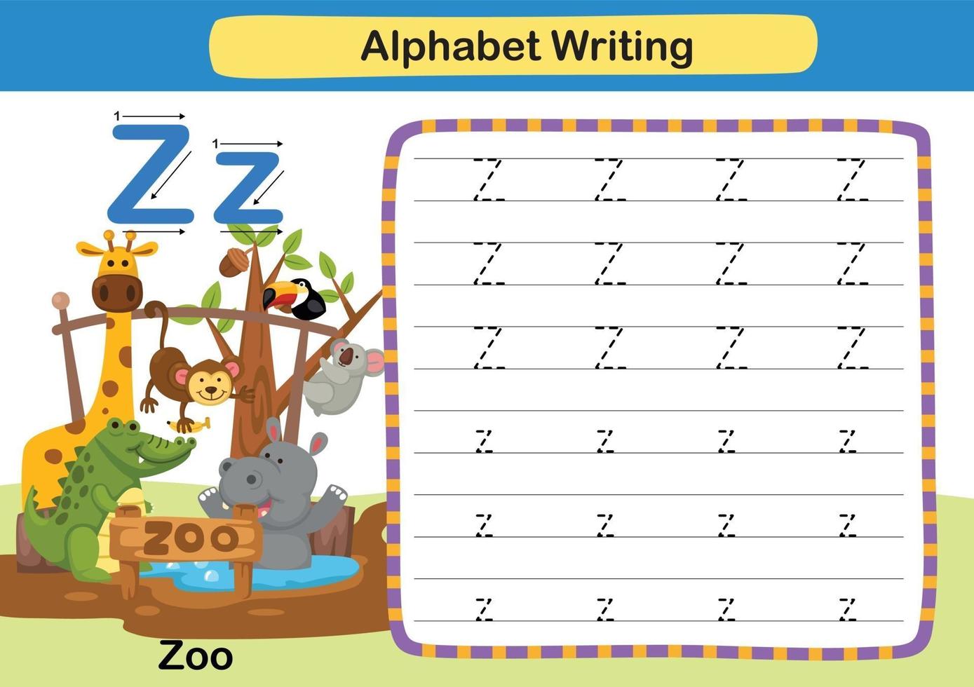 alphabet buchstabe z-zoo übung mit cartoon-vokabular vektor