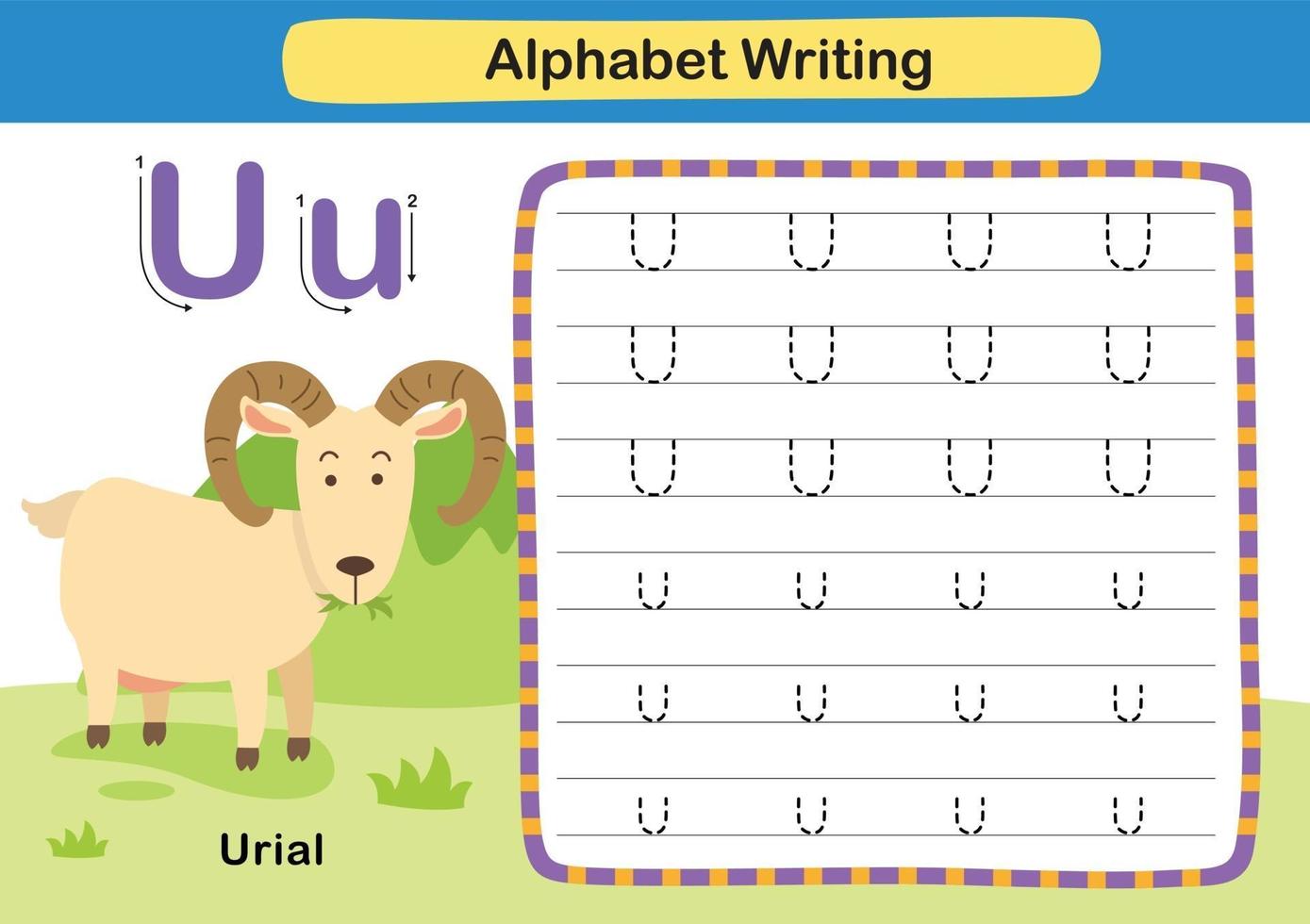 Alphabet Buchstabenübung U-urial mit Cartoon-Vokabular vektor