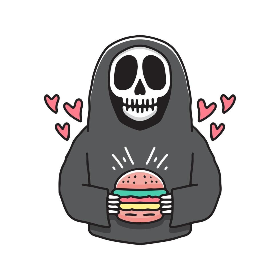 skull grim reaper med burger, illustration för klistermärken och t -shirt. vektor