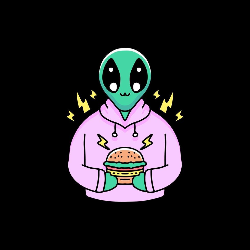 Hip-Hop-Alien mit Burger, Illustration für Aufkleber und T-Shirt. vektor