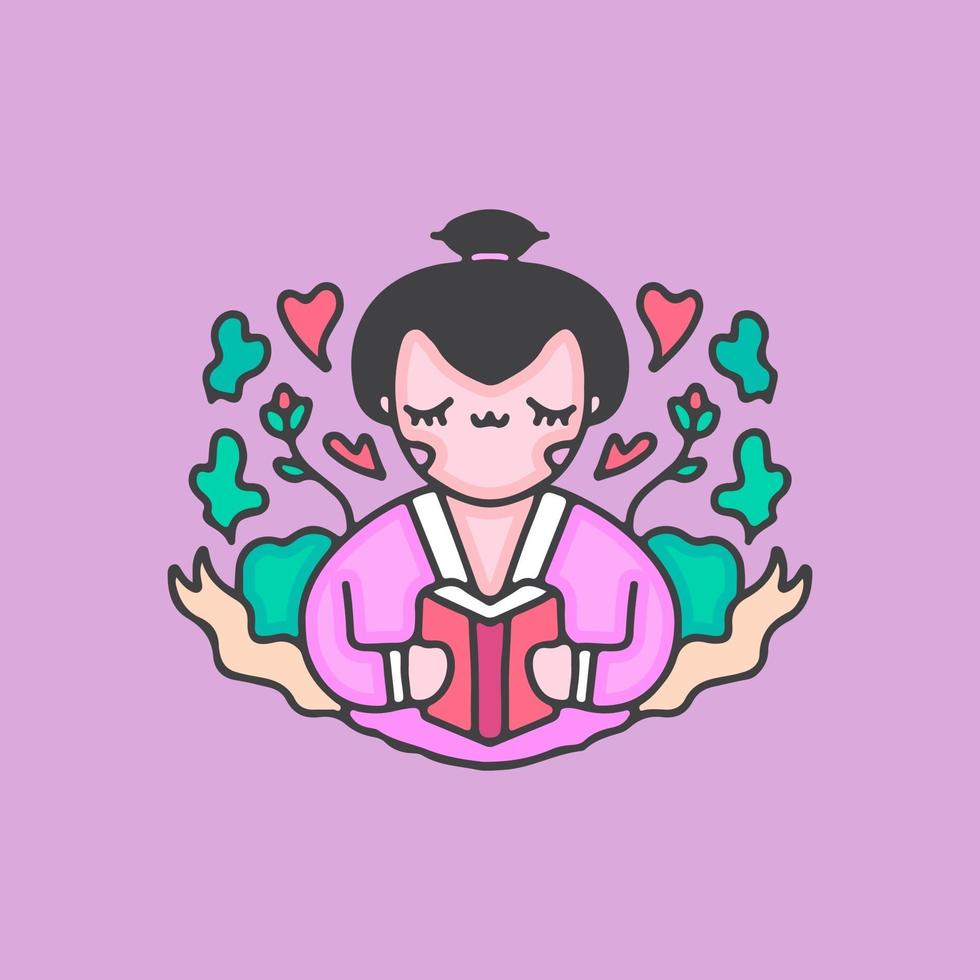 geisha läser en bok. tecknad illustration. vektor
