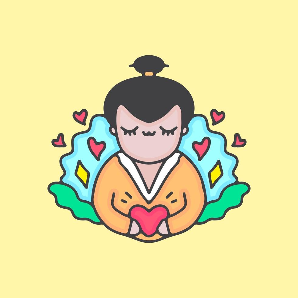 kawaii geisha med kärlekssymbol. tecknad illustration. vektor