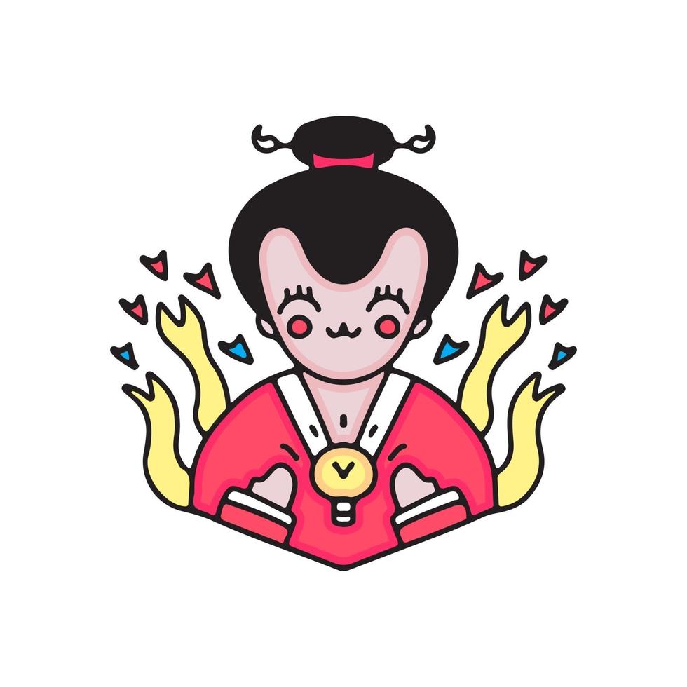 kawaii geisha med idé symbol. tecknad illustration. vektor