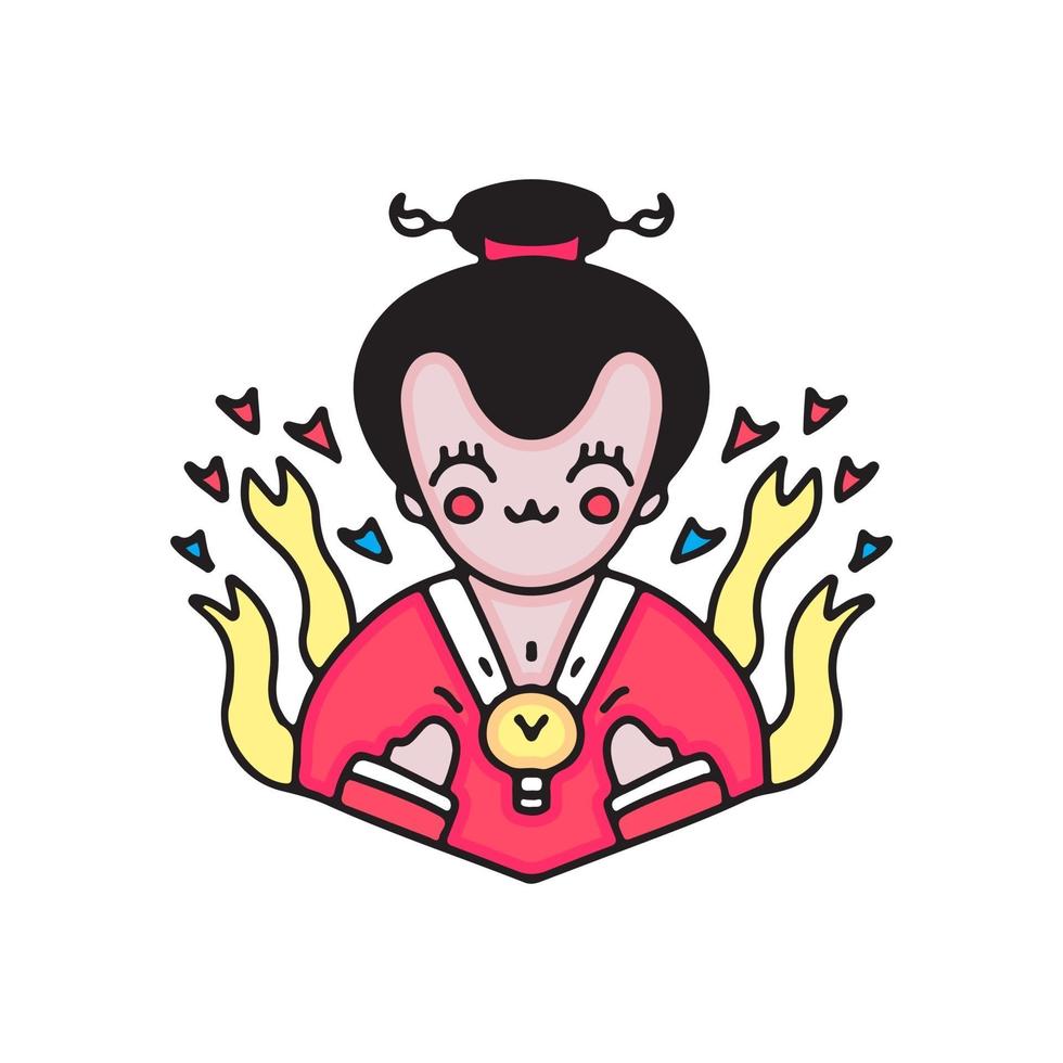 Kawaii Geisha mit Ideensymbol. Cartoon-Abbildung. vektor