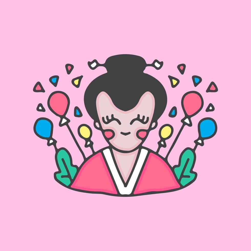 geisha med ballong. tecknad illustration. vektor