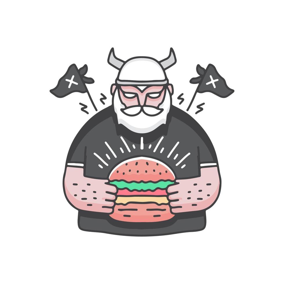 bärtiger Wikinger mit Burger, Illustration für Aufkleber und T-Shirt. vektor