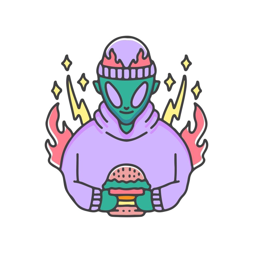 Alien in Mütze mit Burger, Illustration für Aufkleber und T-Shirt. vektor