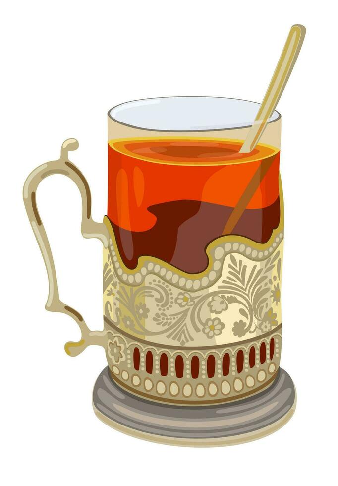 glas av te med sked i kopp hållare. vektor isolerat illustration