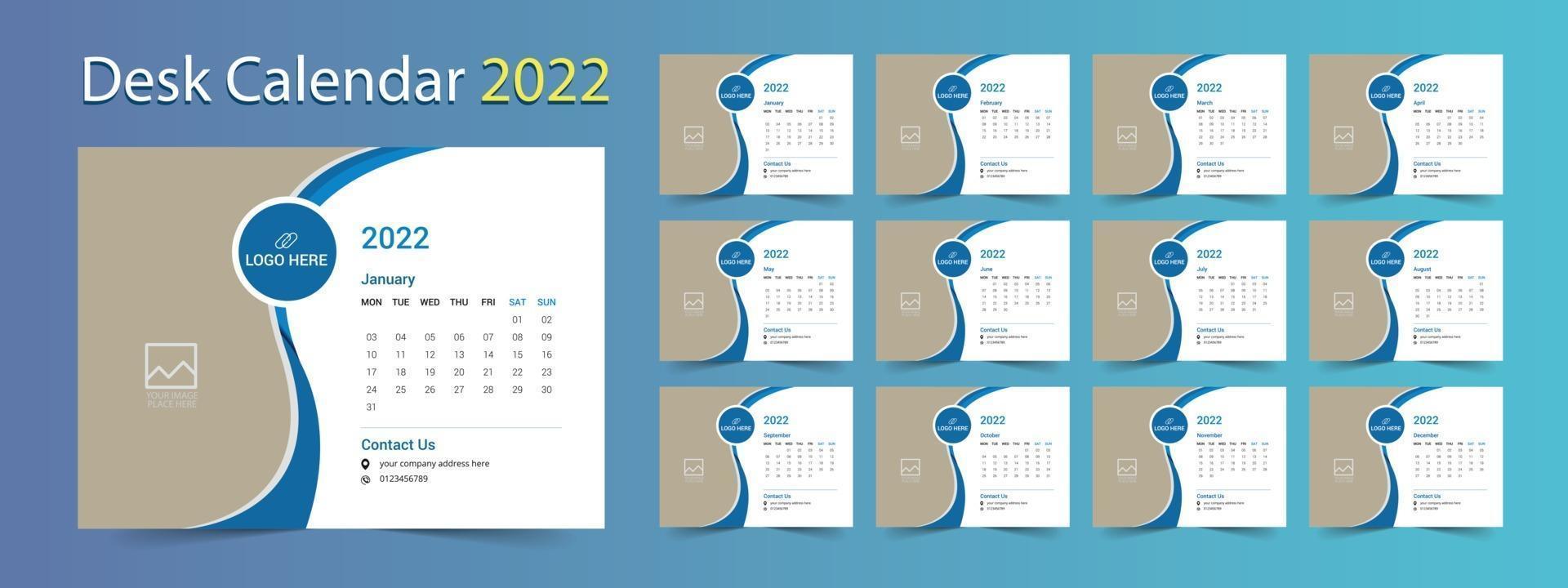 skrivbordskalender 2022, 12 månaders kalendermall vektor