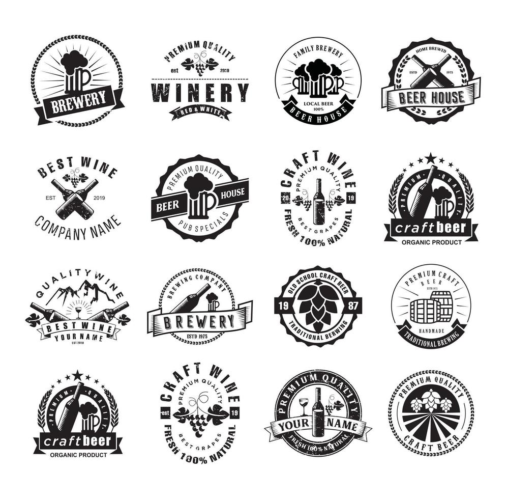 Satz von Craft Beer und Weingut Logo Firmenabzeichen, Schild, Etikett. retro vektor