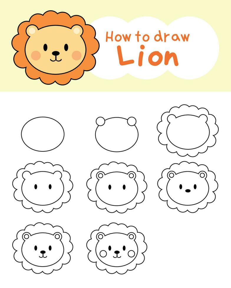 på vilket sätt till dra söt lejon tecknad serie för inlärning, unge, färg bok, illustration vektor