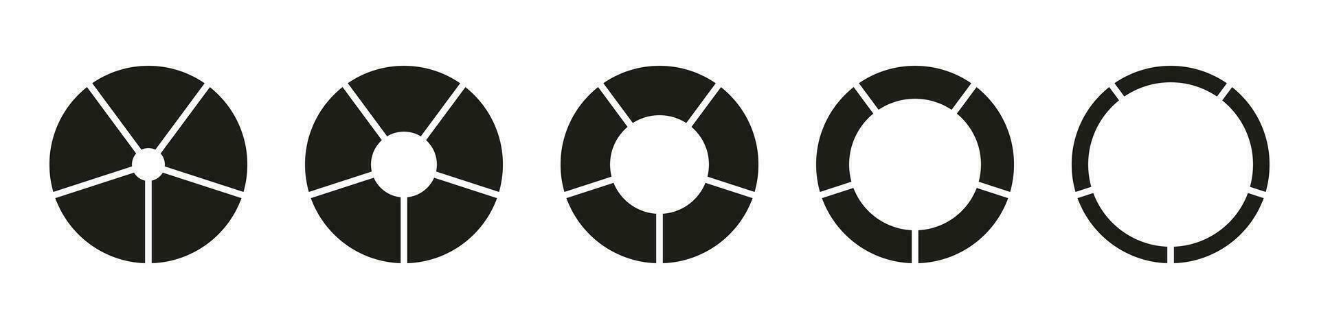 Räder runden geteilt im fünf Abschnitte. Diagramme Infografik Satz. Kreis Sektion Grafiken. Kuchen Diagramm Symbol. Krapfen Diagramme oder Kuchen segmentiert auf 5 gleich Teile. geometrisch Elemente. Vektor einfach Illustration.