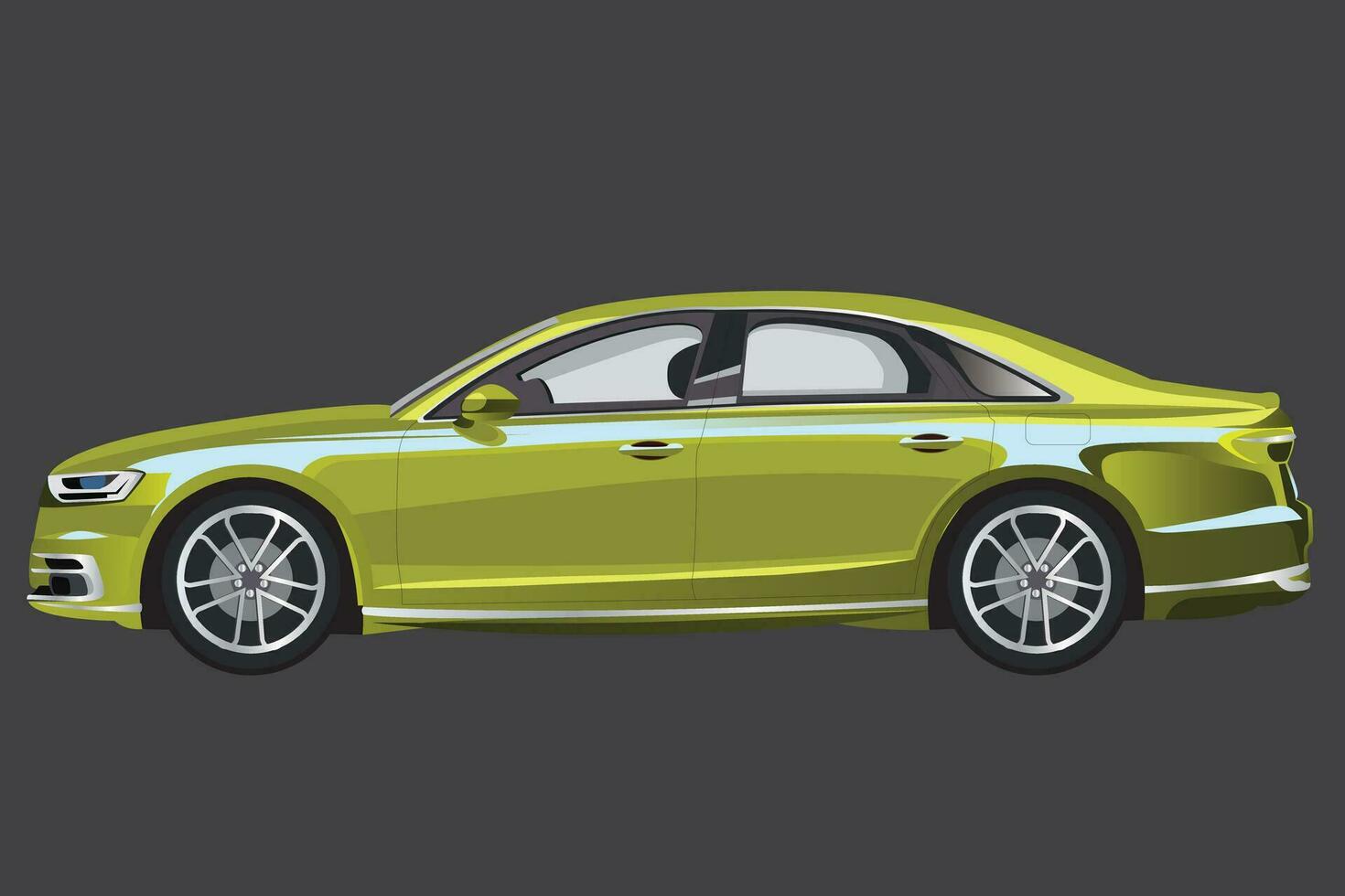 Vektor realistisch Auto beinhaltet ein metallisch Grün Limousine, diese Auto ist im Seite Aussicht mit Gradient und grau Hintergrund
