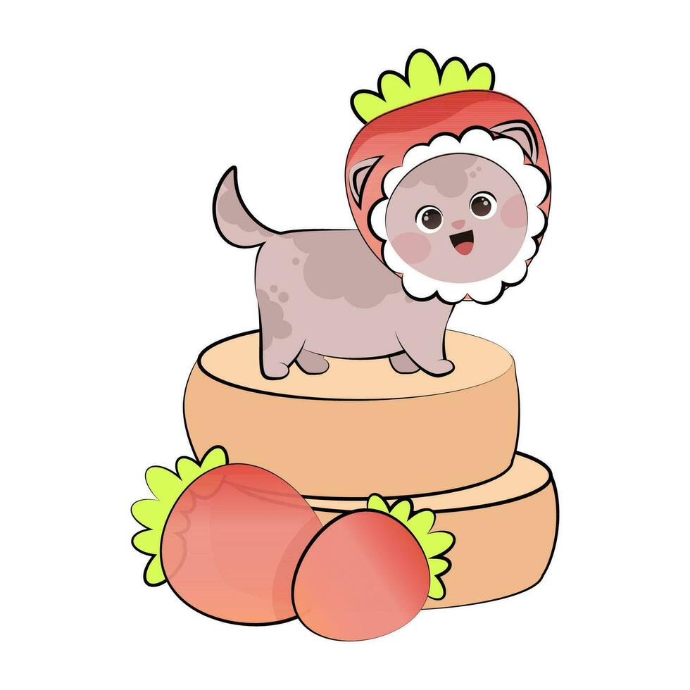 süß kawaii Kätzchen im ein Erdbeere Hut Stehen auf Pfannkuchen vektor