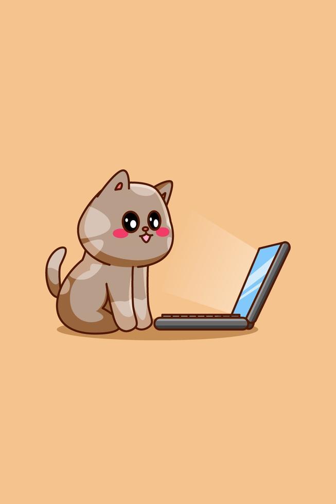 süße Katze mit Laptop-Cartoon-Illustration vektor