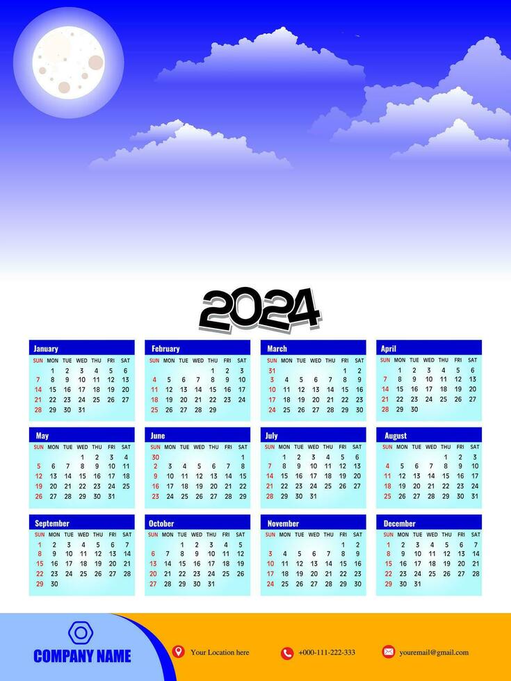 2024 ett sida vägg kalender design mall, modern 12 månader ett sida kalender. modern vägg kalender design 2024. skriva ut redo ett sida vägg kalender mall design för 2024. vecka börjar på söndag. vektor