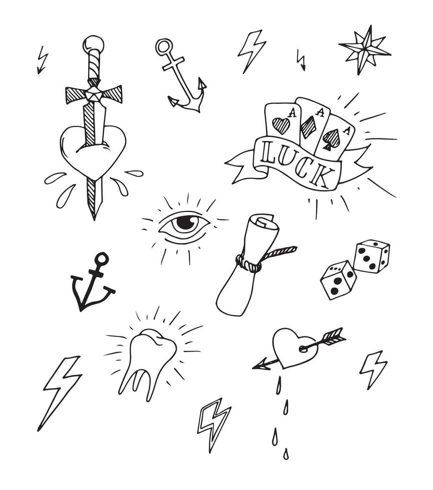 ein Zeichnung von verschiedene Tätowierungen und Symbole vektor