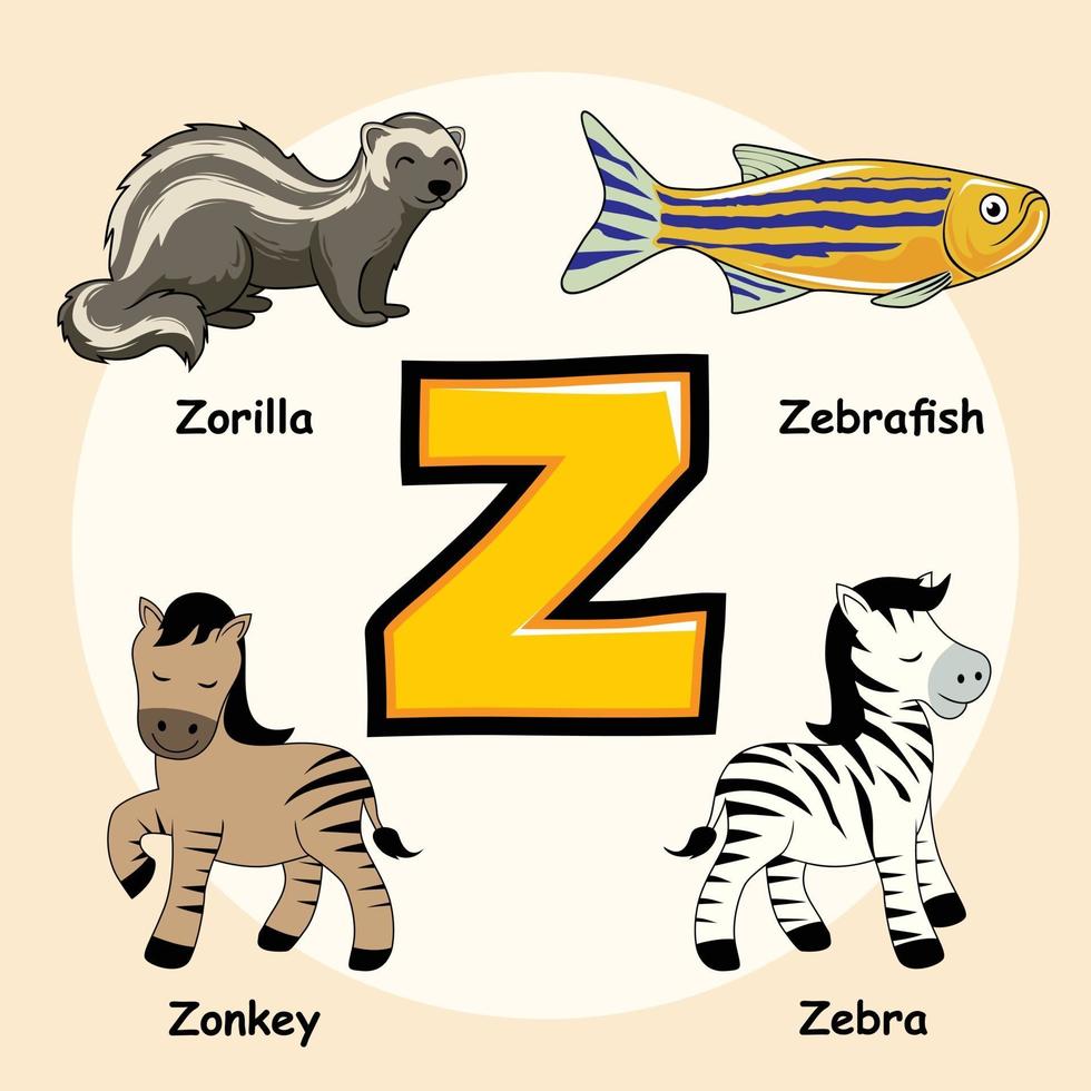 djur alfabetet bokstaven z för zebra zorilla zebrafisk zonkey vektor