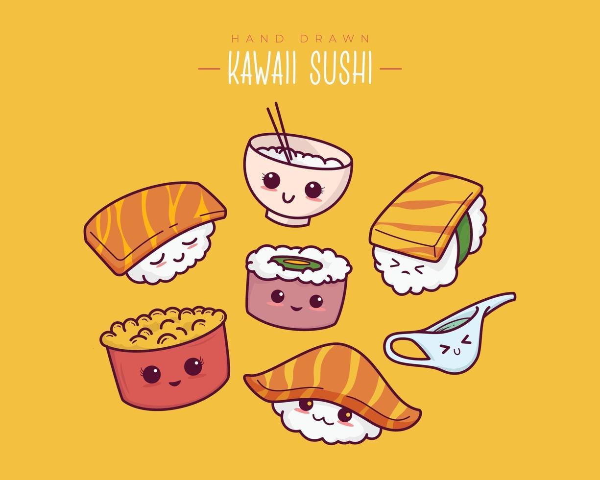 handritad olika kawaii sushi, onigiri, sashimi. vektor