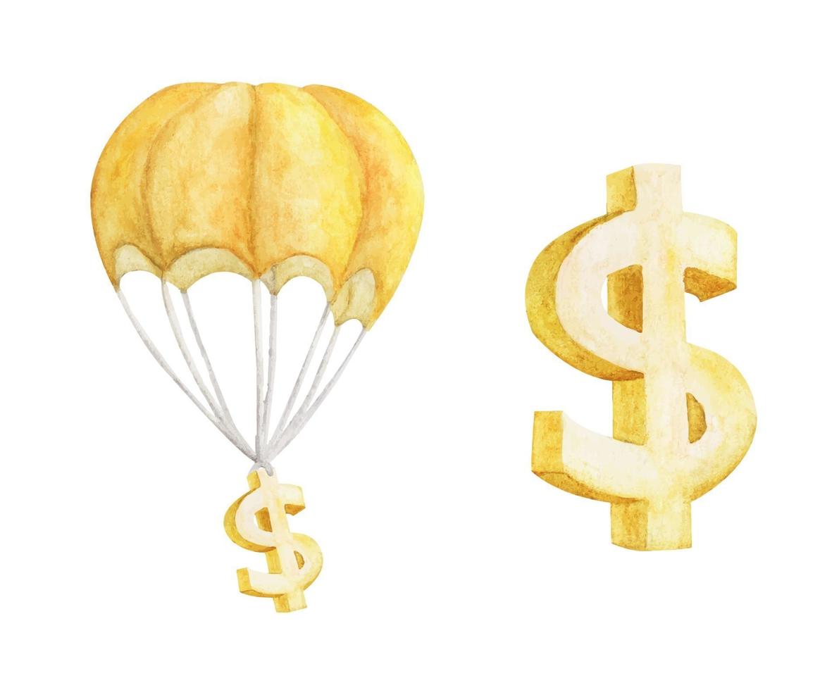 Heißluftballon mit goldenem Dollar. Aquarellillustration. vektor