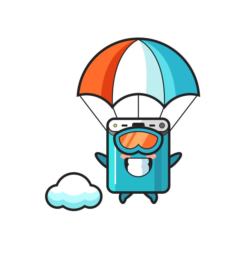 power bank maskot tecknad film fallskärmshoppning med glad gest vektor