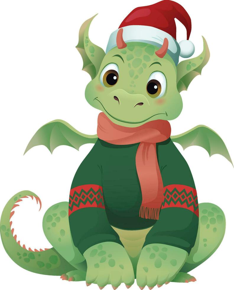 söt grön bebis drake i en jul hatt och Tröja. ny år karaktär för hälsning kort med glad jul och ny år, dekor, omslag, och förpackning design. vektor illustration eps 10
