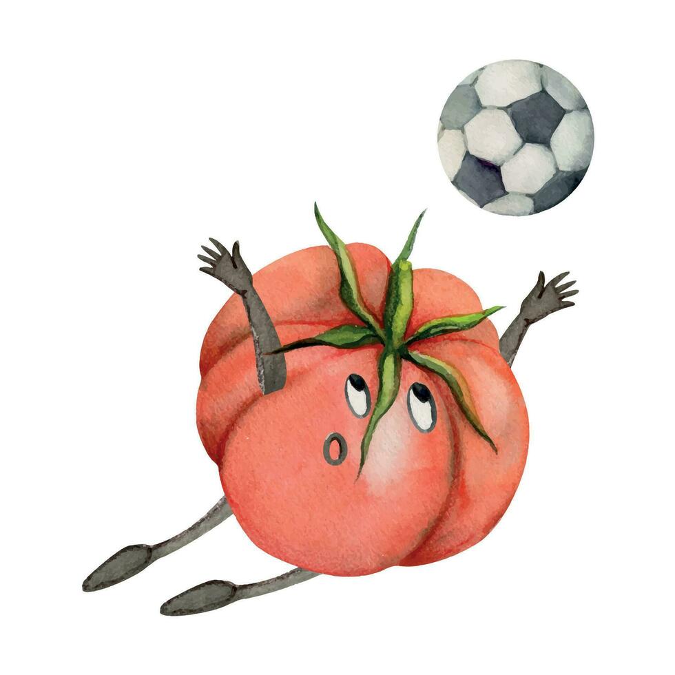 Hand gezeichnet Aquarell Tomate Charakter spielen Fußball Fußball, Torwart fangen Ball. Fitness Gesundheit. Illustration isoliert Komposition, Weiß Hintergrund. Design Poster, drucken, Webseite, Karte, Fitnessstudio vektor