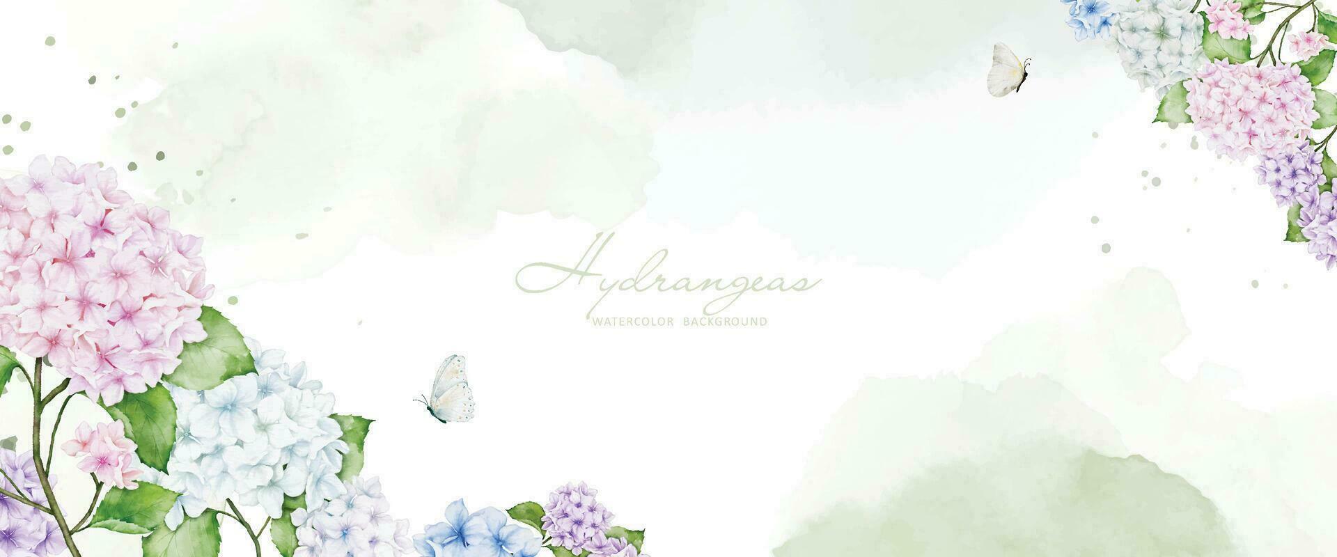 horisontell bakgrund med färgrik hortensia, fjärilar och fläckar vektor