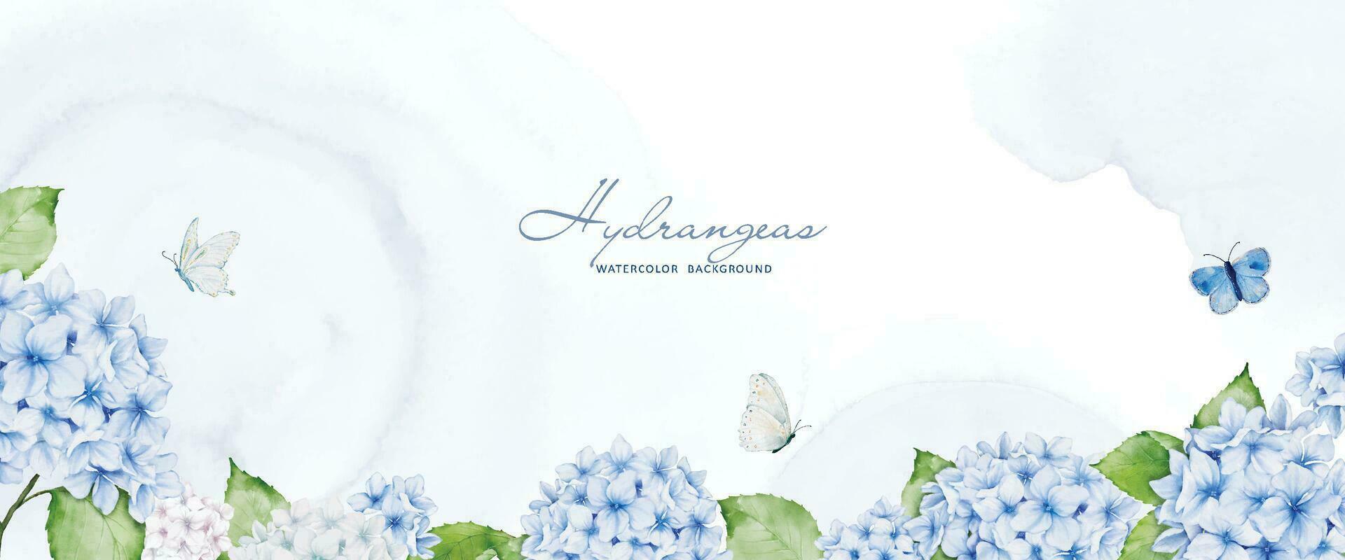 horisontell bakgrund med blå hortensia, fjärilar och fläckar vektor