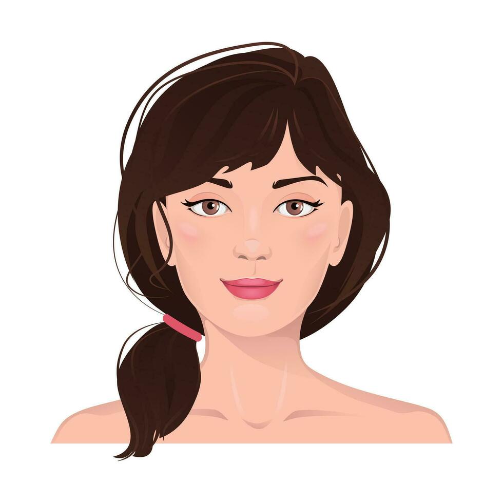ansikte porträtt av kvinnor med brun hår. ansiktsbehandling uttryck med leende gest isolerat vektor illustration. avatar för en social nätverk. vektor platt illustration, webb, design, skönhet och göra upp.
