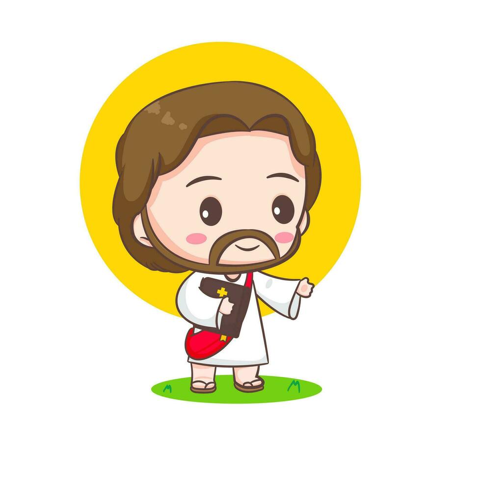 süß Jesus Christus Karikatur Charakter. Christian Religion Konzept Design. Hand gezeichnet Chibi Charakter Clip Kunst Aufkleber isoliert Weiß Hintergrund. Vektor Kunst Illustration