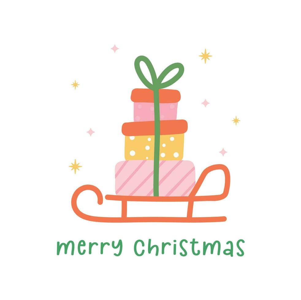 fröhlich Weihnachten Santa Schlitten mit gestapelt Geschenke, beschwingt Gruß Karte Idee vektor