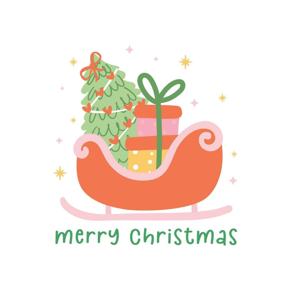 vibrerande jul santa släde med staplade gåvor, platt design hälsning kort aning vektor