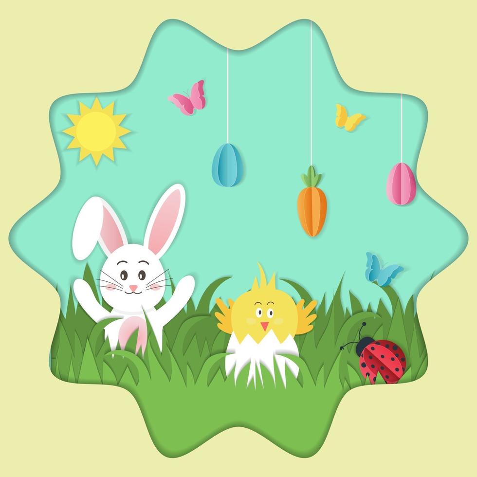 Frohes Osterbanner mit bemalten Eiern, Kaninchen, Marienkäfer und Huhn vektor