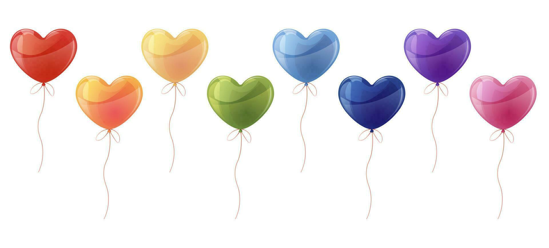 uppsättning av ballonger på isolerat bakgrund. tecknad serie stil färgrik helium ballonger i de form av en hjärta. dekor för födelsedagar, högtider, hjärtans dag, etc. vektor