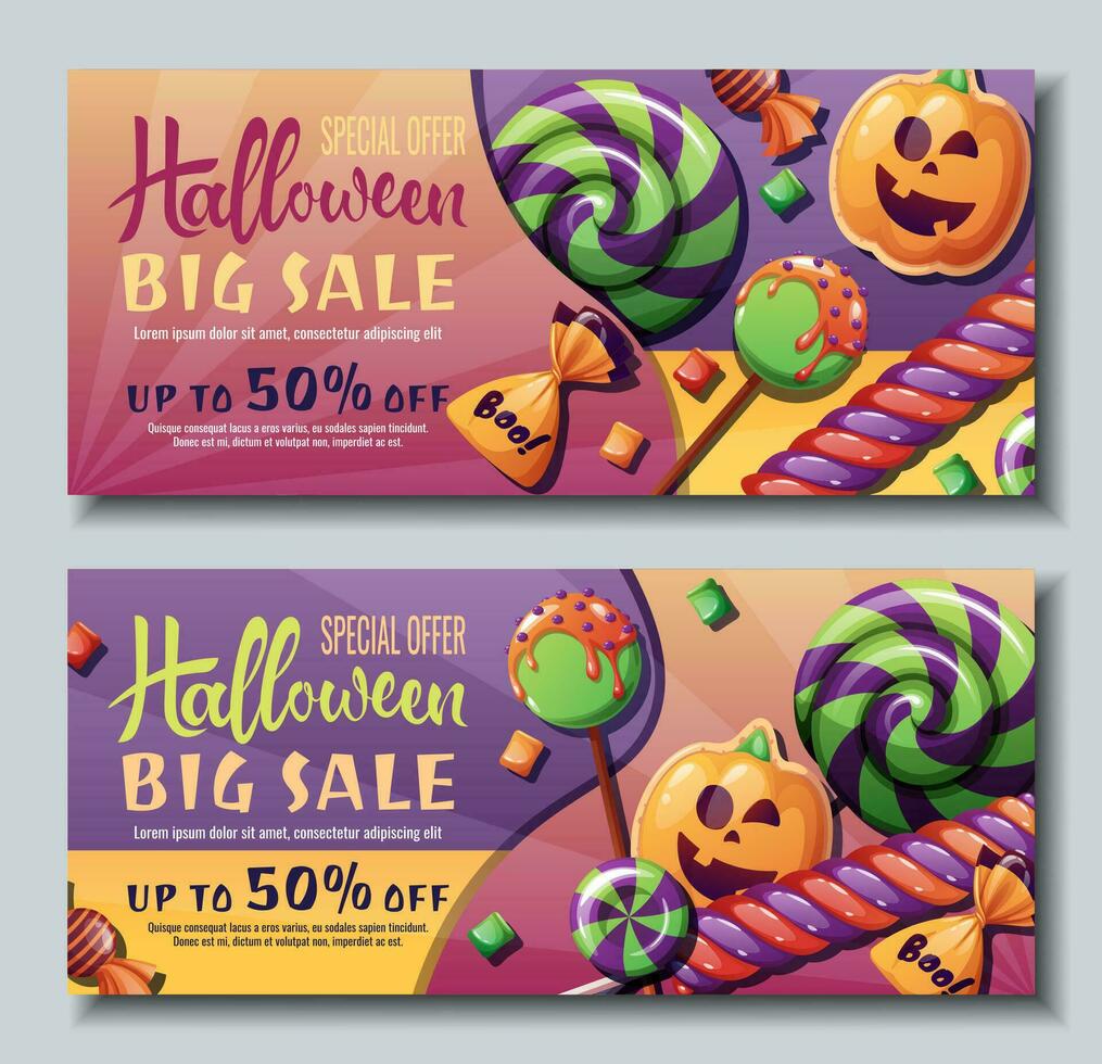 uppsättning av rabatt baner mallar med sötsaker och pumpa småkakor. halloween försäljning, rabatt kupong. lura eller behandla. design av baner, affisch, flygblad, annons vektor