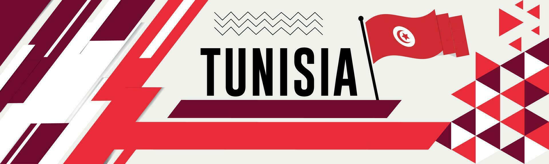 Tunesien National Tag Banner mit Karte, Flagge Farben Thema Hintergrund und geometrisch abstrakt retro modern bunt Design mit angehoben Hände oder Fäuste. vektor