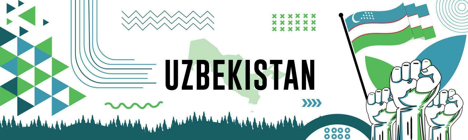 Usbekistan National Tag Banner mit Karte, Flagge Farben Thema Hintergrund und geometrisch abstrakt retro modern bunt Design mit angehoben Hände oder Fäuste. vektor