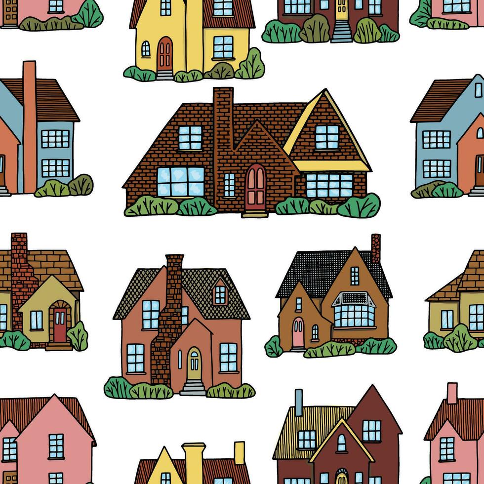 sömlös mönster av Land hus, mysigt stad. härlig bostads- byggnader prydnad. platt vektor illustration. design för tapet, bakgrund.