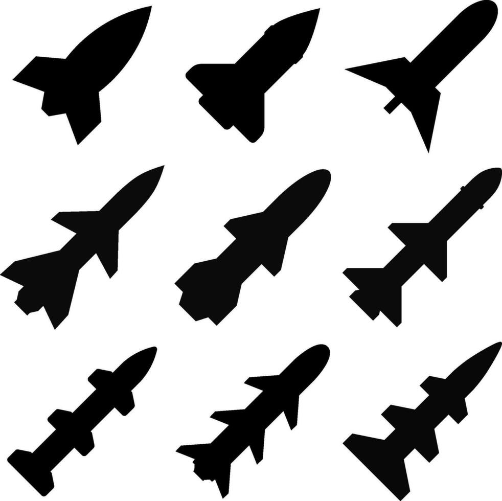 Rakete Symbol Satz. Rakete Grafik Ressourcen zum Symbol, Symbol, oder unterzeichnen. Vektor Symbol von Rakete Raketen zum Design von Krieg, Konflikt oder Militär-