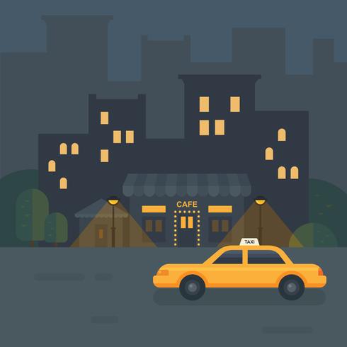 Flache Illustration des Nachtstadtcafés. Taxi Auto in der Nähe eines Restaurants vektor