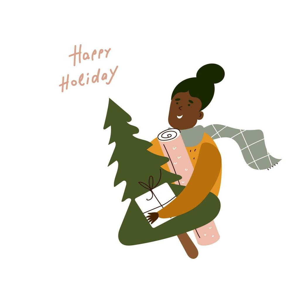 glücklich Urlaub. afrikanisch amerikanisch Frau halten die Geschenke zum seine Familie und ein Neu Jahr Baum. Vektor eben Karikatur Illustration auf Weiß Hintergrund.