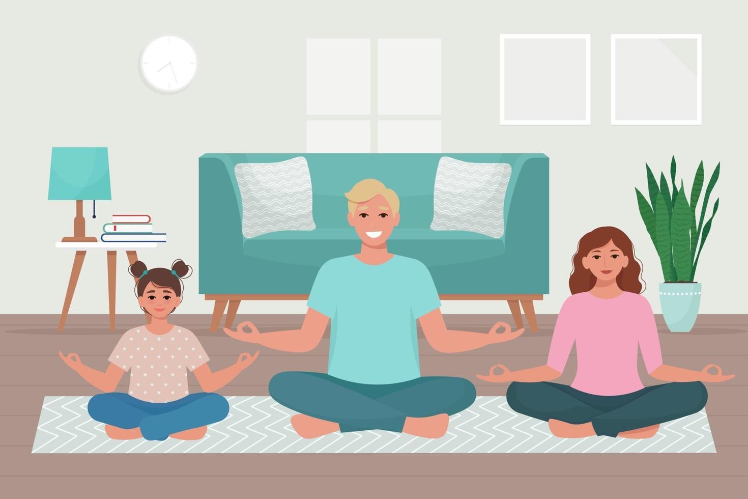 familj gör yoga tillsammans hemma. vektor illustration i platt stil